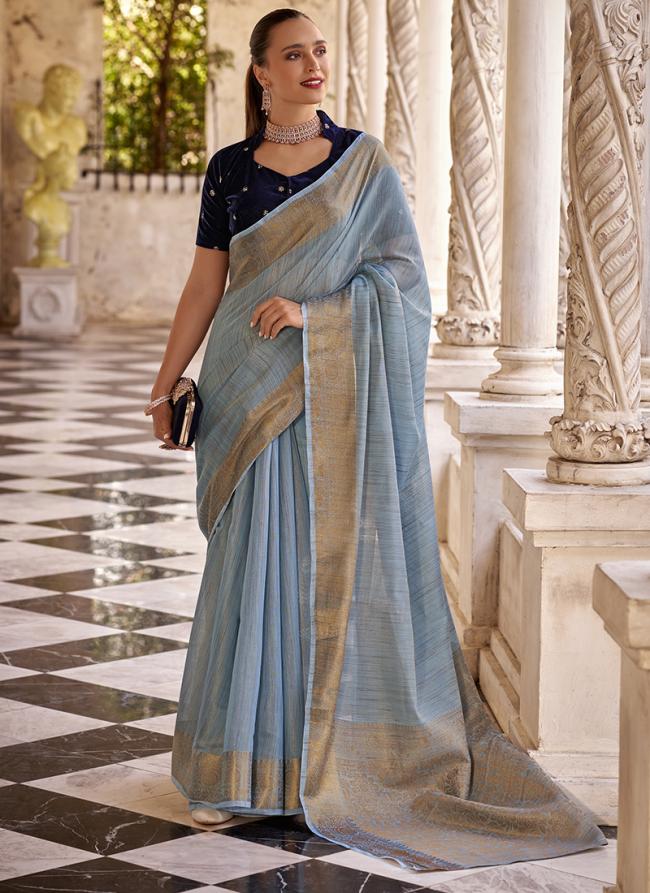 Linen Sky Blue Casual Wear Zari Work Saree